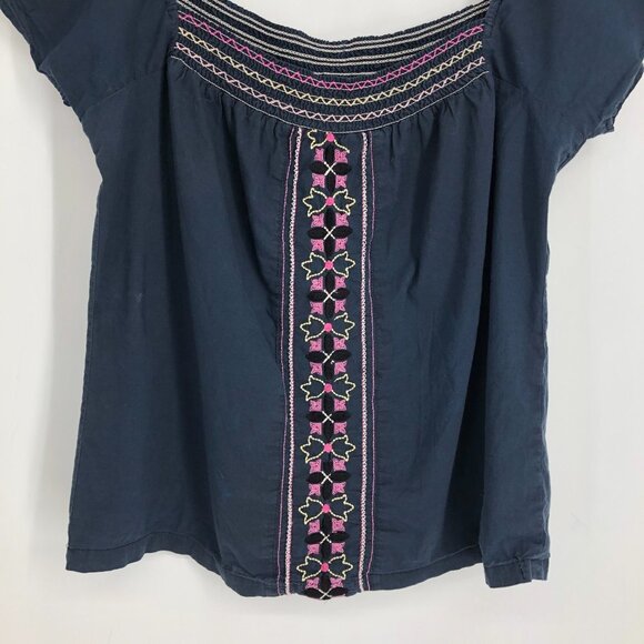 Roxy Navy Off The Shoulder Square Neck Bohemian Embroidered Top size ~L - Picture 9 of 13